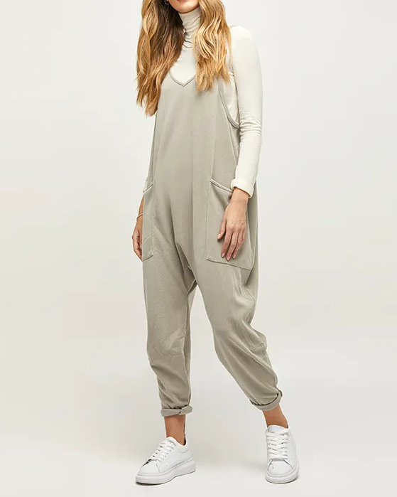 Solid V-Neck Sling Pocket Jumpsuit
