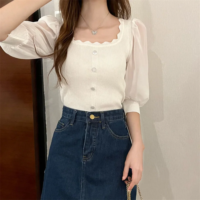 Uveng Uveng Korean Version Of The Small Fragrant Collarbone Design Shirt Short Bubble Sleeve Ice Silk Knitted Short-Sleeved T-Shirt Tide