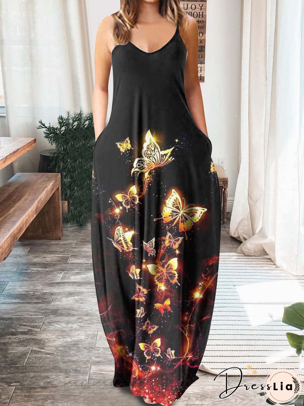 Women'S Dresses Printed V-Neck Sling Pocket Sleeveless Dress