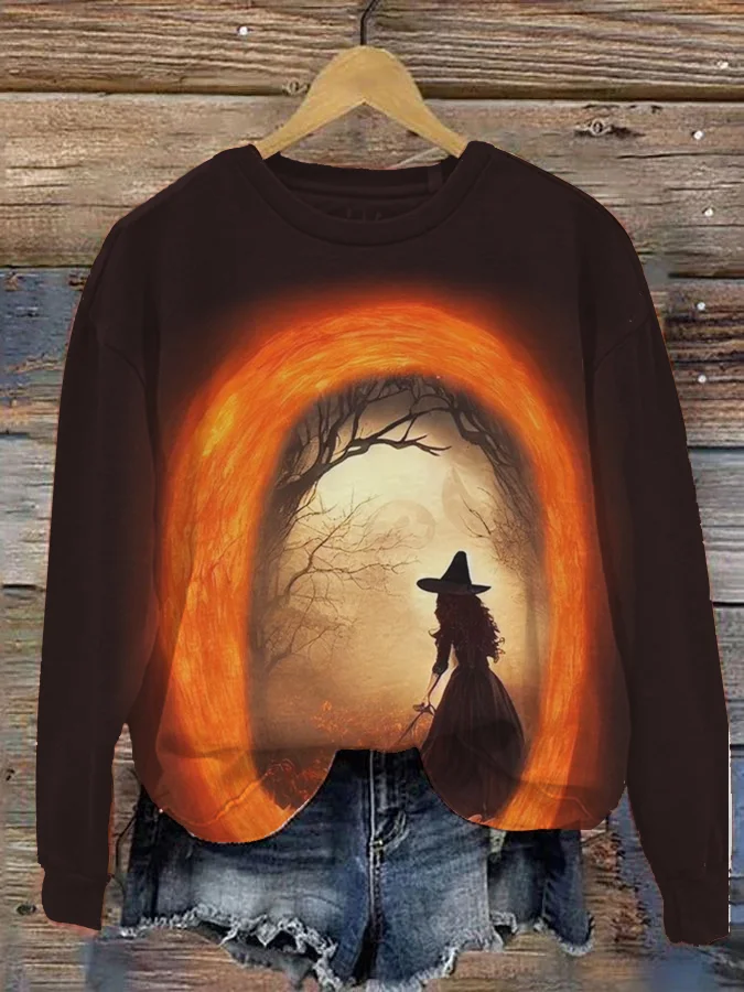 Wearshes Halloween Forest Witch Pumpkin Print Sweatshirt