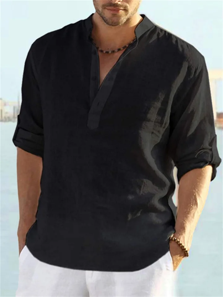 Men's Solid Color Casual Loose Shirt Shirt Men Tide Stand Collar Cotton Linen Collar Long-sleeved S,M,L,XL,2XL,3XL