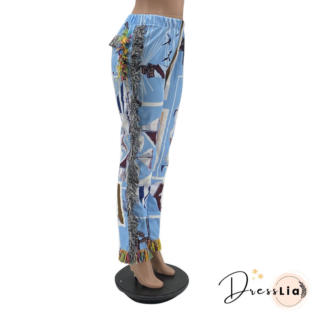Side Tassels Patchwork Elastic Waist Women Print Jogger Pant