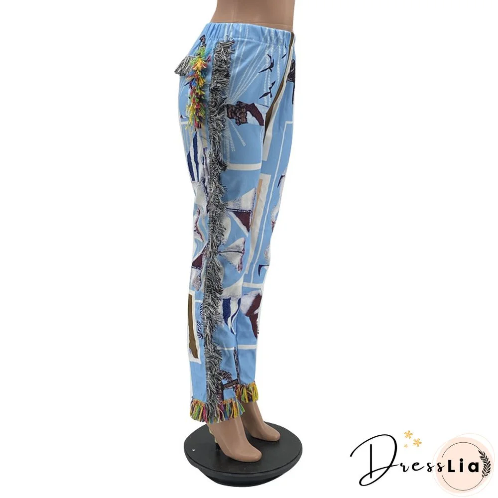 Side Tassels Patchwork Elastic Waist Women Print Jogger Pant