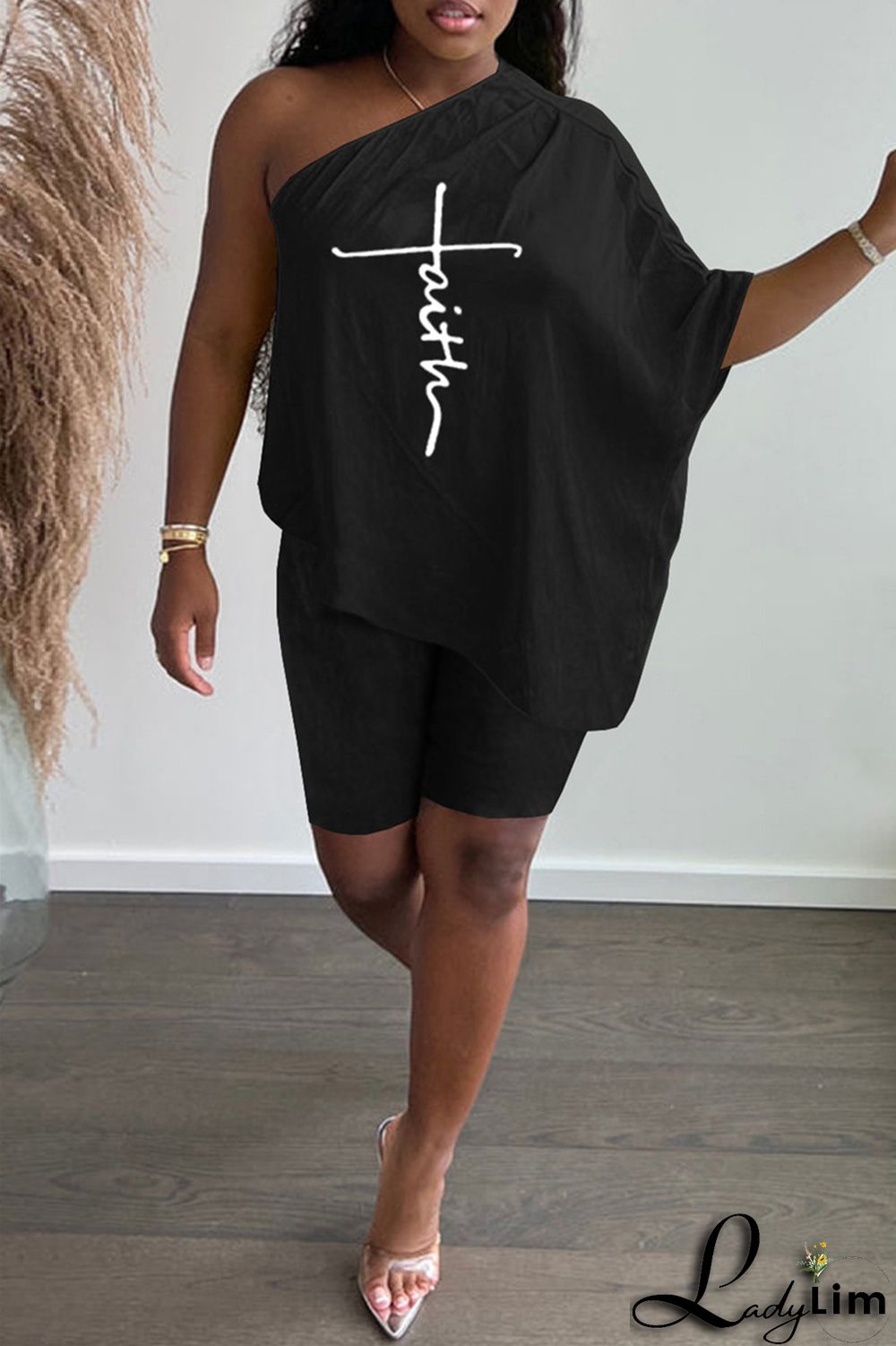 Black Fashion Casual Print Backless Oblique Collar Short Sleeve Two Pieces