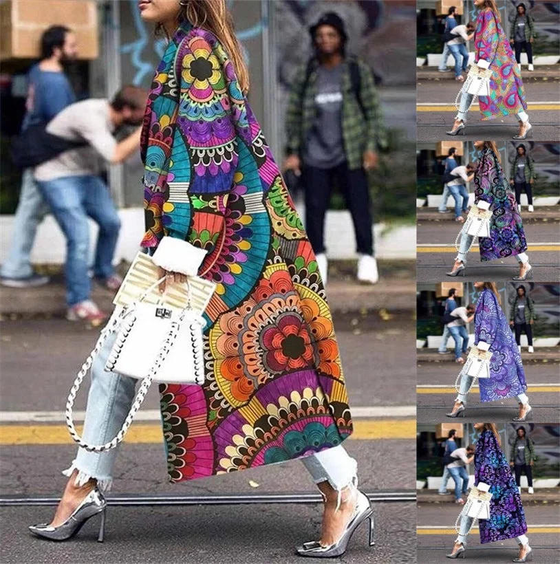 Brownm Extended Double Breasted Printed Loose Trench Coats