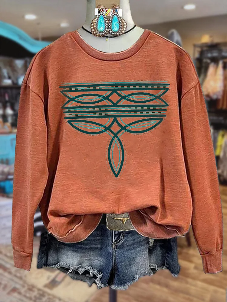 Western Cowboy Boots Stitch Print Crew Neck Sweatshirt