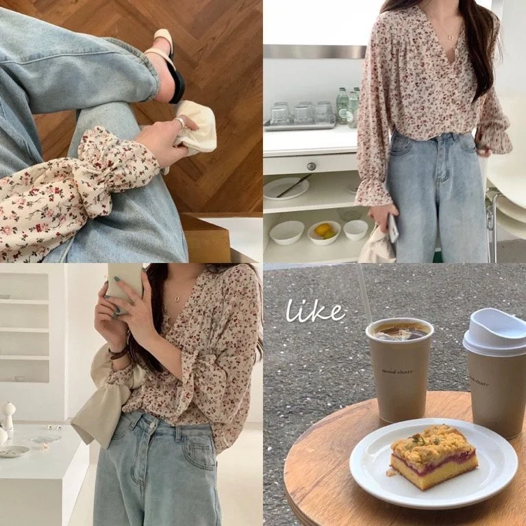 Floral Print Bell-Sleeve Floral Chiffon Blouse SP17375