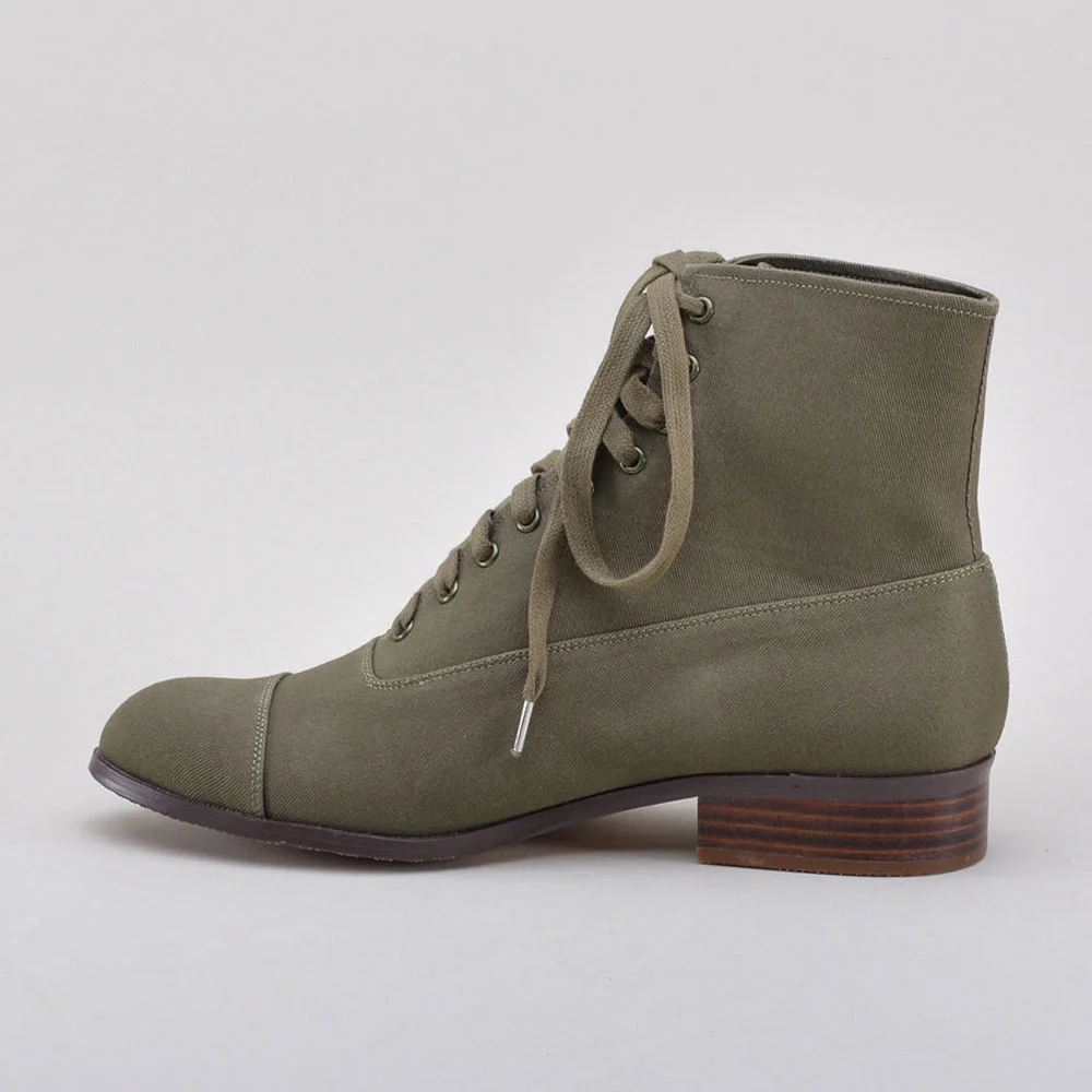 Olive Canvas Round Toe Stacked Heel Lace-Up Booties for Women