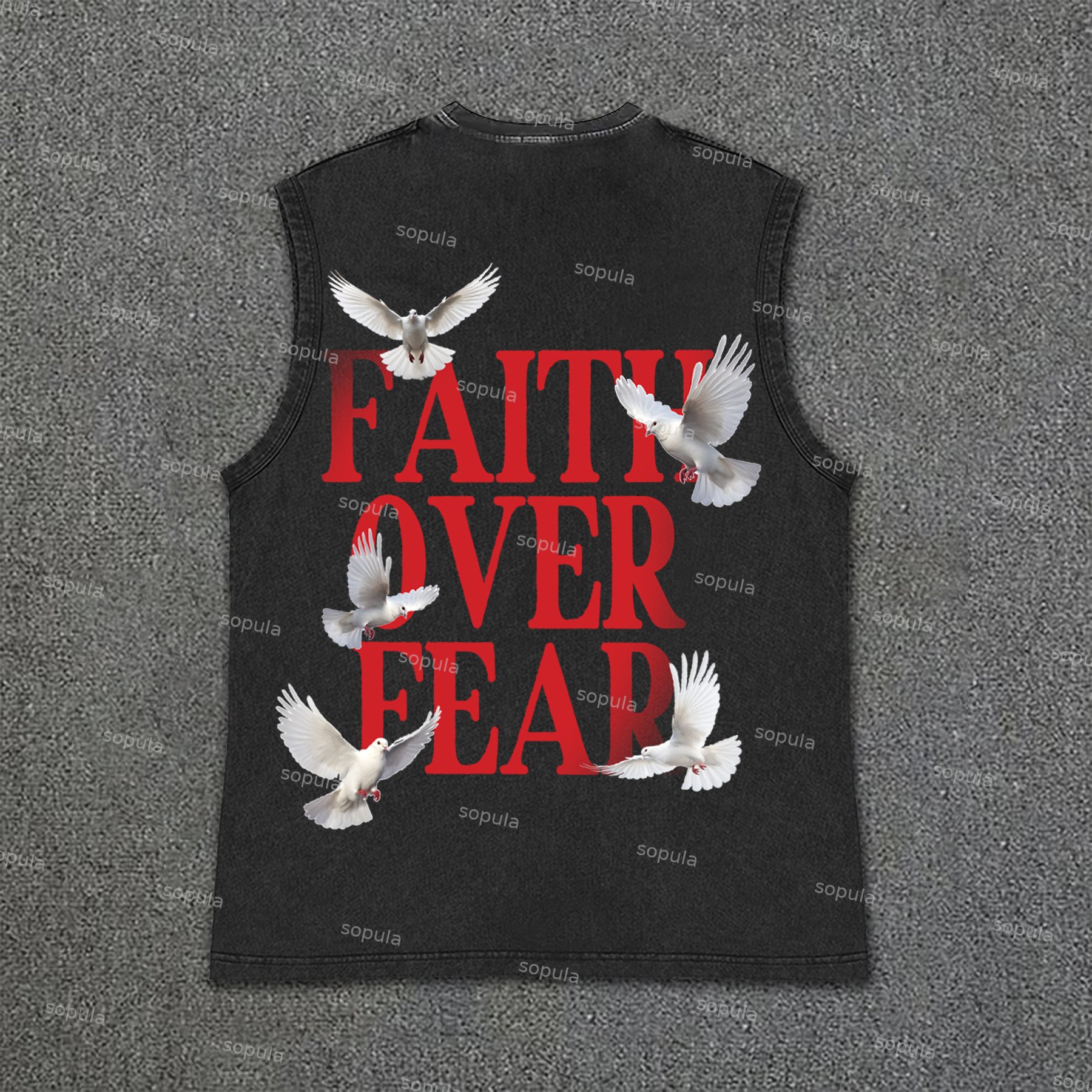 Sopula Men's Vintage Faith Over Fear Print Vintage Wash Sleeveless Tank Top