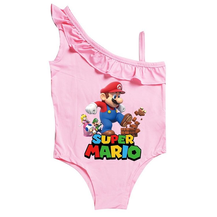 Mayoulove Super Mario Bro Print Little Girls Ruffle Shoulder One Piece Swimsuit-Mayoulove