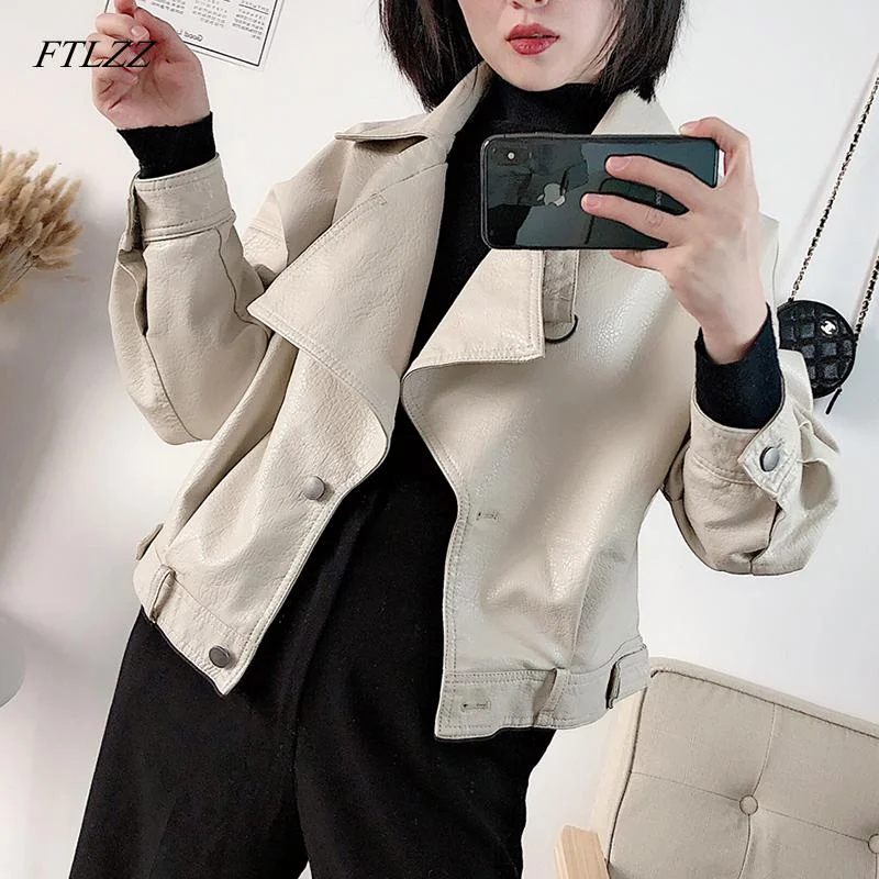 FTLZZ New Autumn Women Faux Leather Jacket Vintage Boyfriend Style Coat Batwing Sleeve Short Motor PU Jackets Biker Outwear