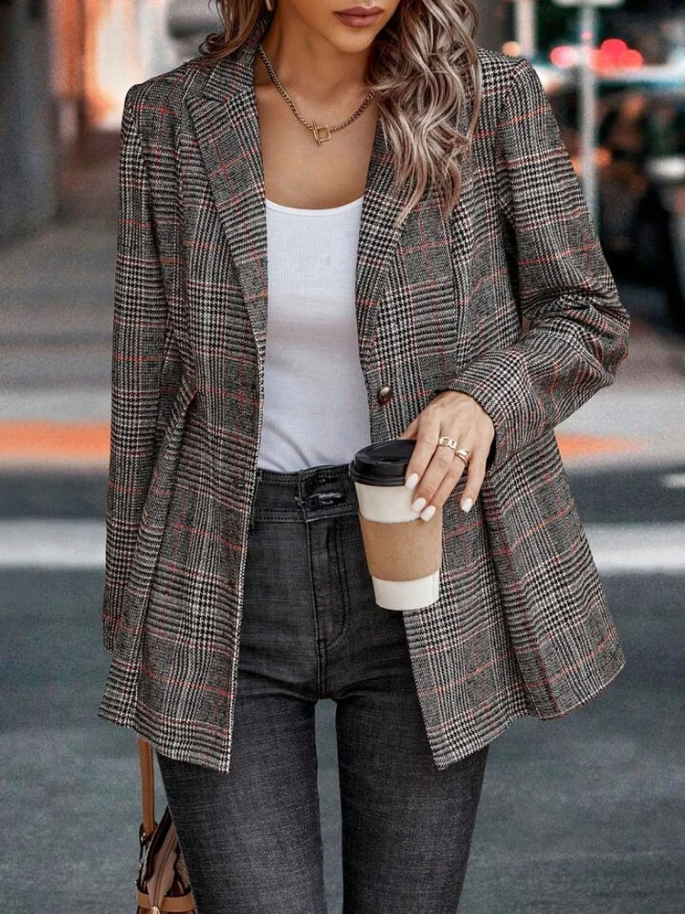 Women's Plaid Button Up Lapel Collar Blazer Jacket
