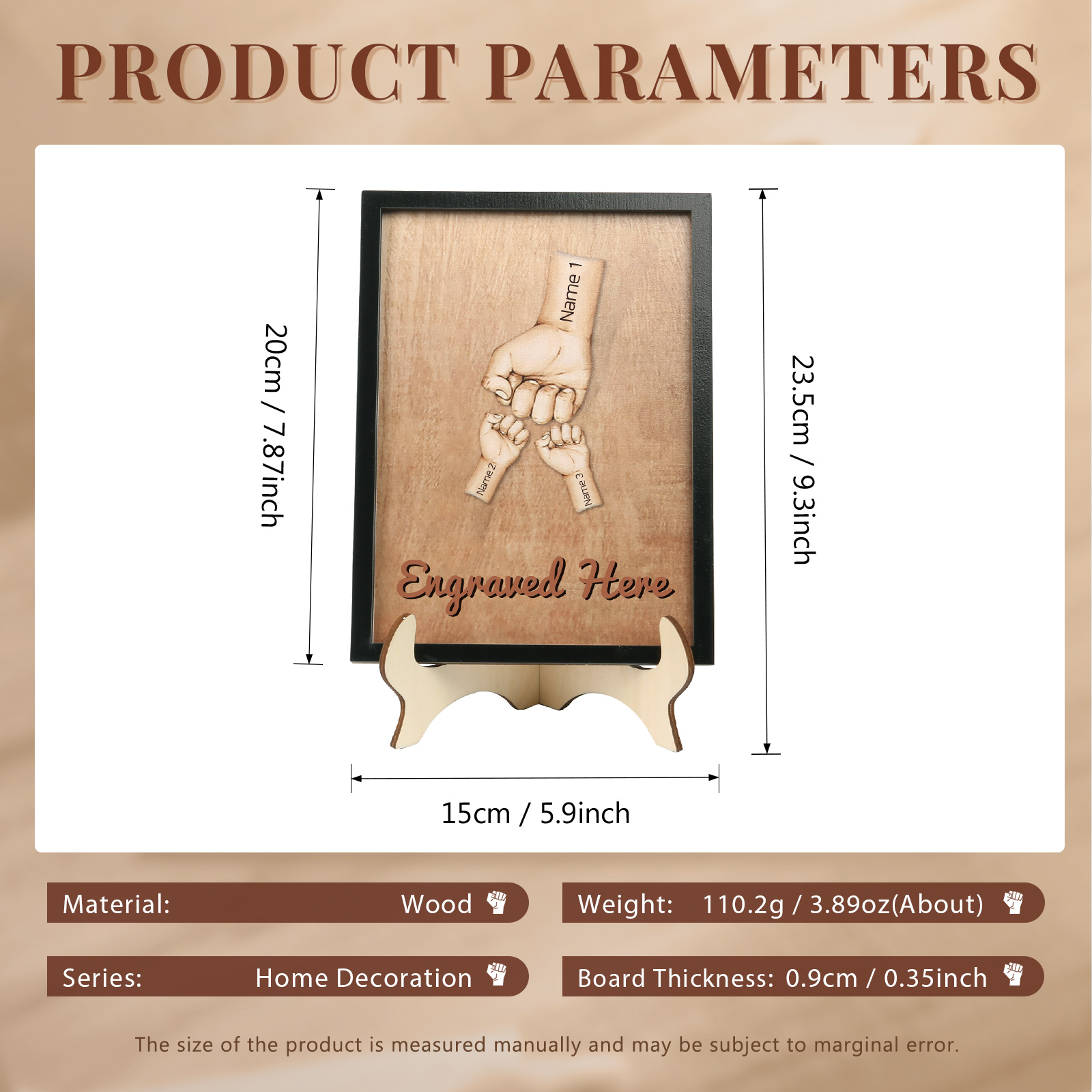 Décoration en bois Poings 3 Prénoms et 1 Texte Personnalisés Ornement Famille