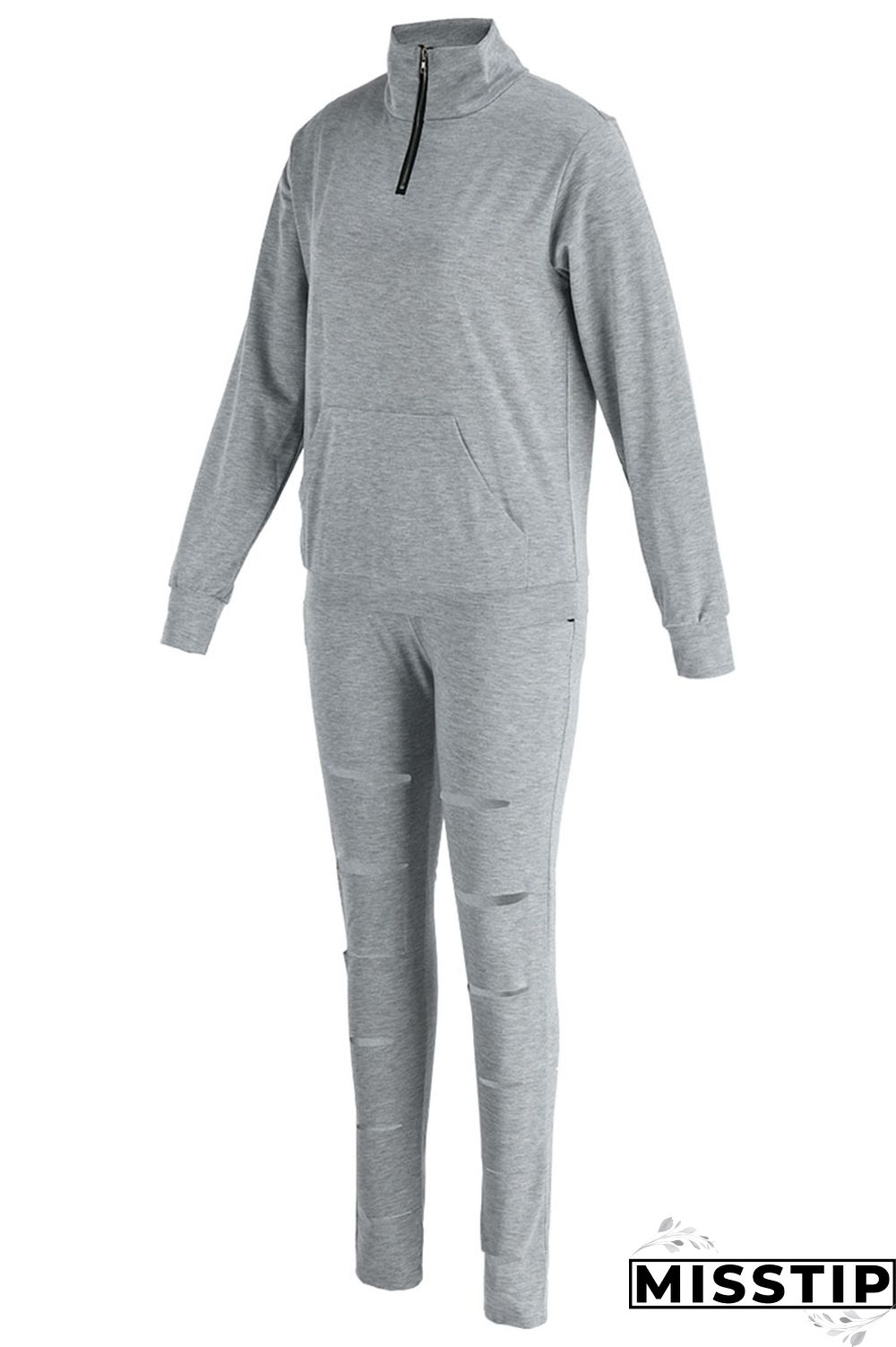 Coffee Casual Sportswear Solid Hollowed Out Patchwork Zipper Collar Long Sleeve Two Pieces