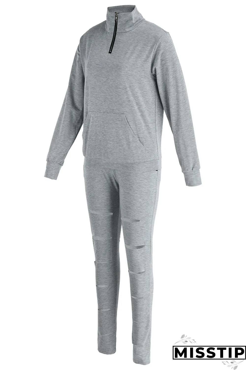 Coffee Casual Sportswear Solid Hollowed Out Patchwork Zipper Collar Long Sleeve Two Pieces