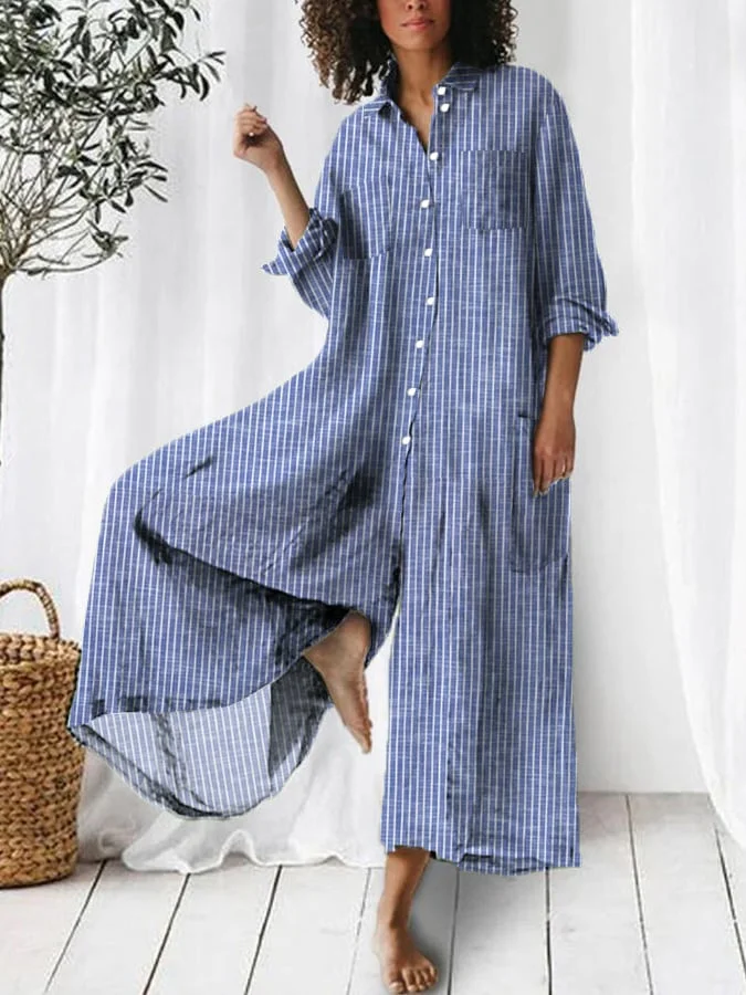 Women's Vintage Classic Striped Long Sleeve Multi-Pocket Shirt Jumpsuit