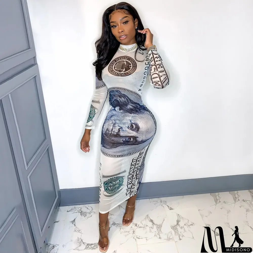 MidiSono - Money Print Sexy Long Party Dress with Full Sleeves