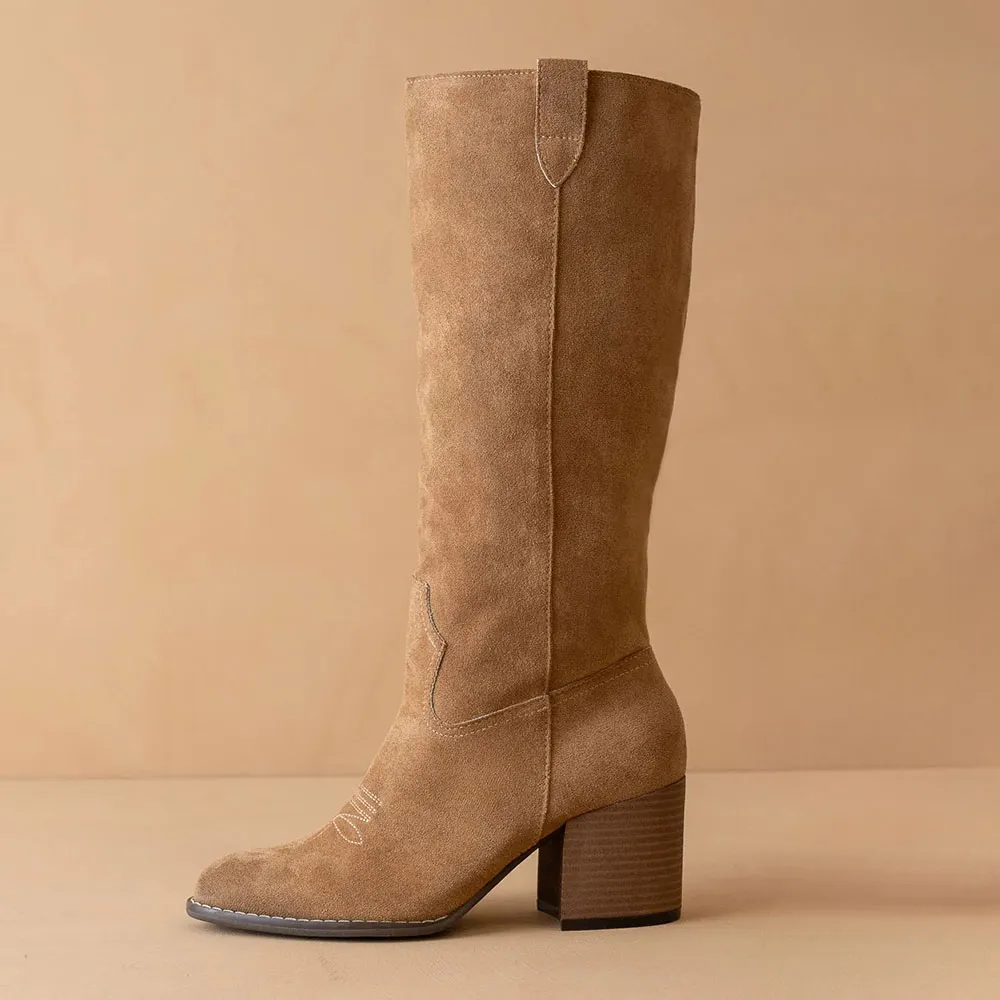 Brown Vegan Suede Round Toe Chunky Heel Cowgirl Boots with Embroidered