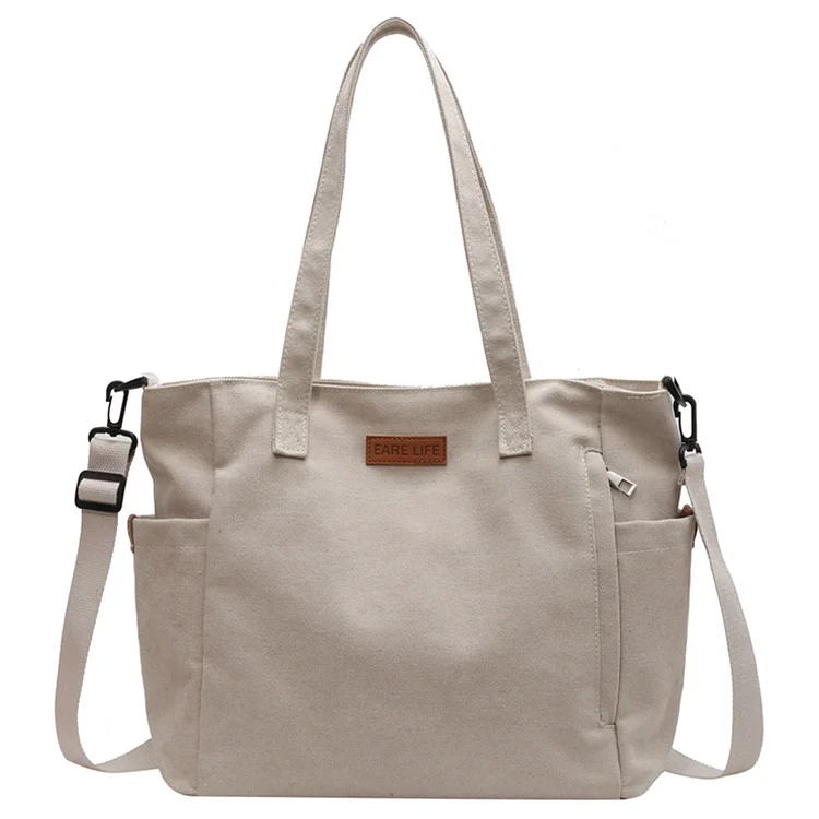 Canvas Women Tote Bag Large Capacity Lady Shoulder Bag for Outdoor Sport (White)