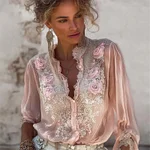 Vintage Pink Roses Lace Embroidered Flowy Linen Blouse - Image 2