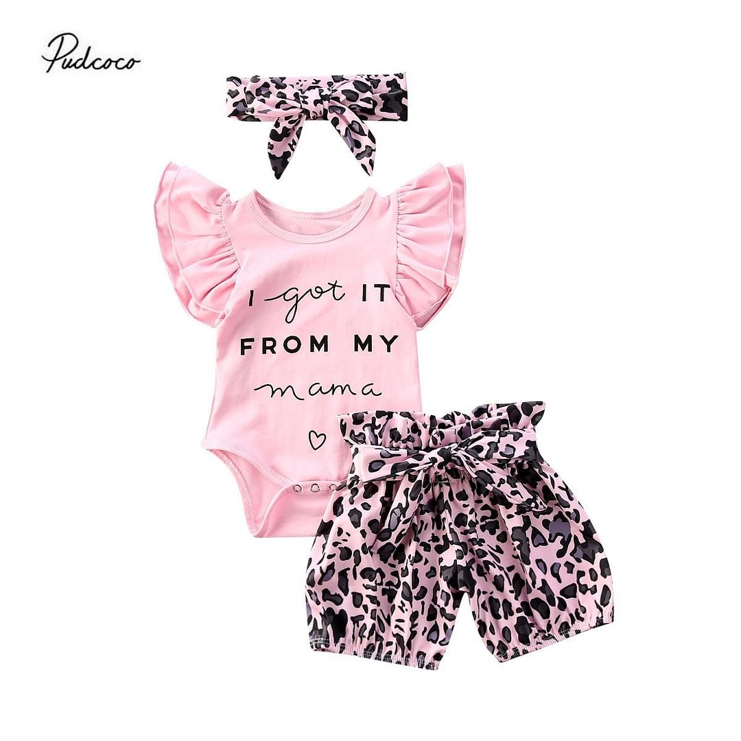 Kid Toddler Baby Girls Flying Sleeve Letter Print Romper+Leopard Shorts+Bowknot Headband 3-piece Set