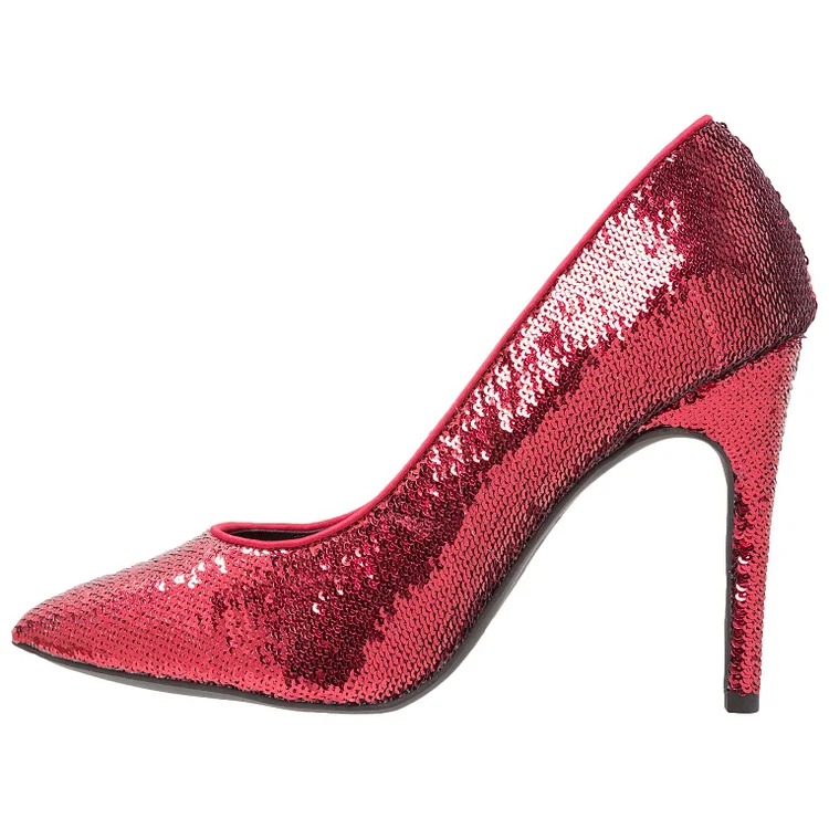Burgundy Sequined Stiletto Heels Pointed Toe Office Shoes Party Pumps |FSJ Shoes