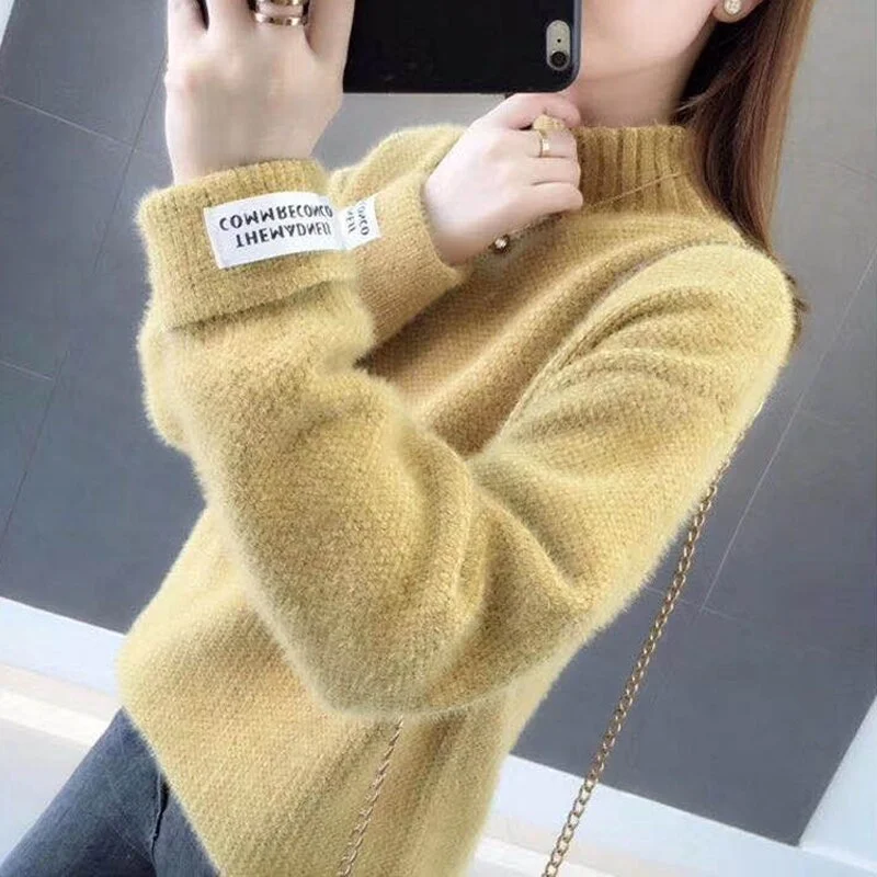 Zoki Women Half Turtleneck Sweater Autumn Loose Wool Pullover Knitted Jumper Long Sleeve Letter Top Casual Warm Ladies Blouse