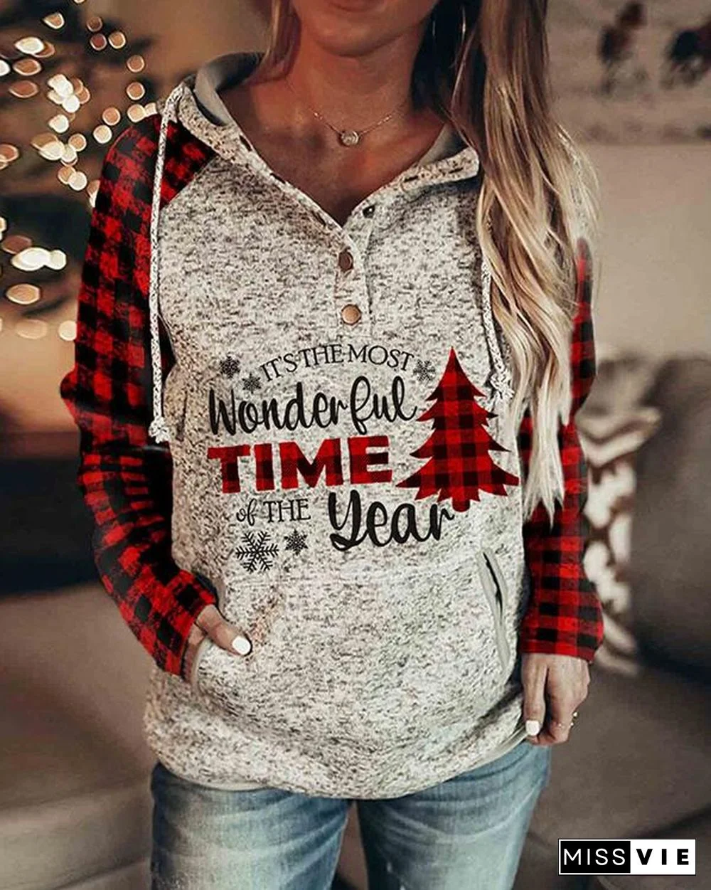 Women's Christmas Print Plaid Sleeve Sweatshirt