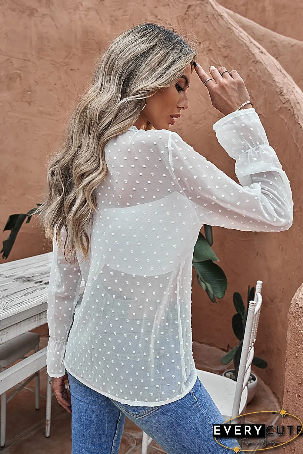 White Polka Dot Ruffled Buttoned Shirt