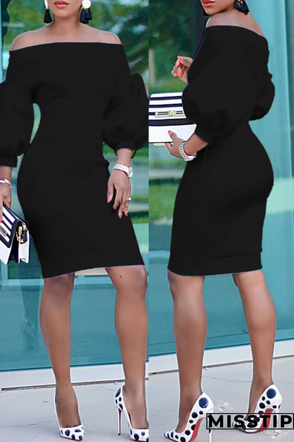 Black Fashion Casual Solid Backless Off the Shoulder Long Sleeve Dresses