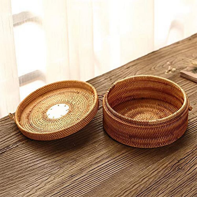 Handwoven Rattan Storage Box With Lid Wicker Tea Food Container Picnic Bread Fruit Cake Basket Ornament Box Kitchen Organizer