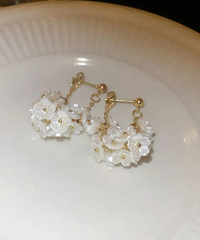Elegant White Sterling Silver Alloy Floral Tassel Hoop Earrings