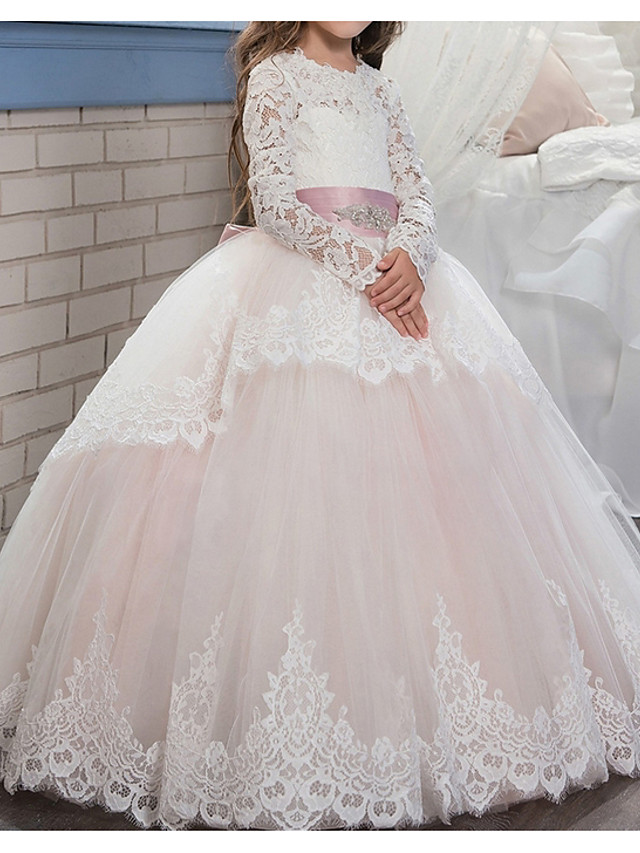 Dresseswow Long Sleeve Jewel Neck Ball Gown Floor Length Flower Girl Dresses  With Lace Buttons