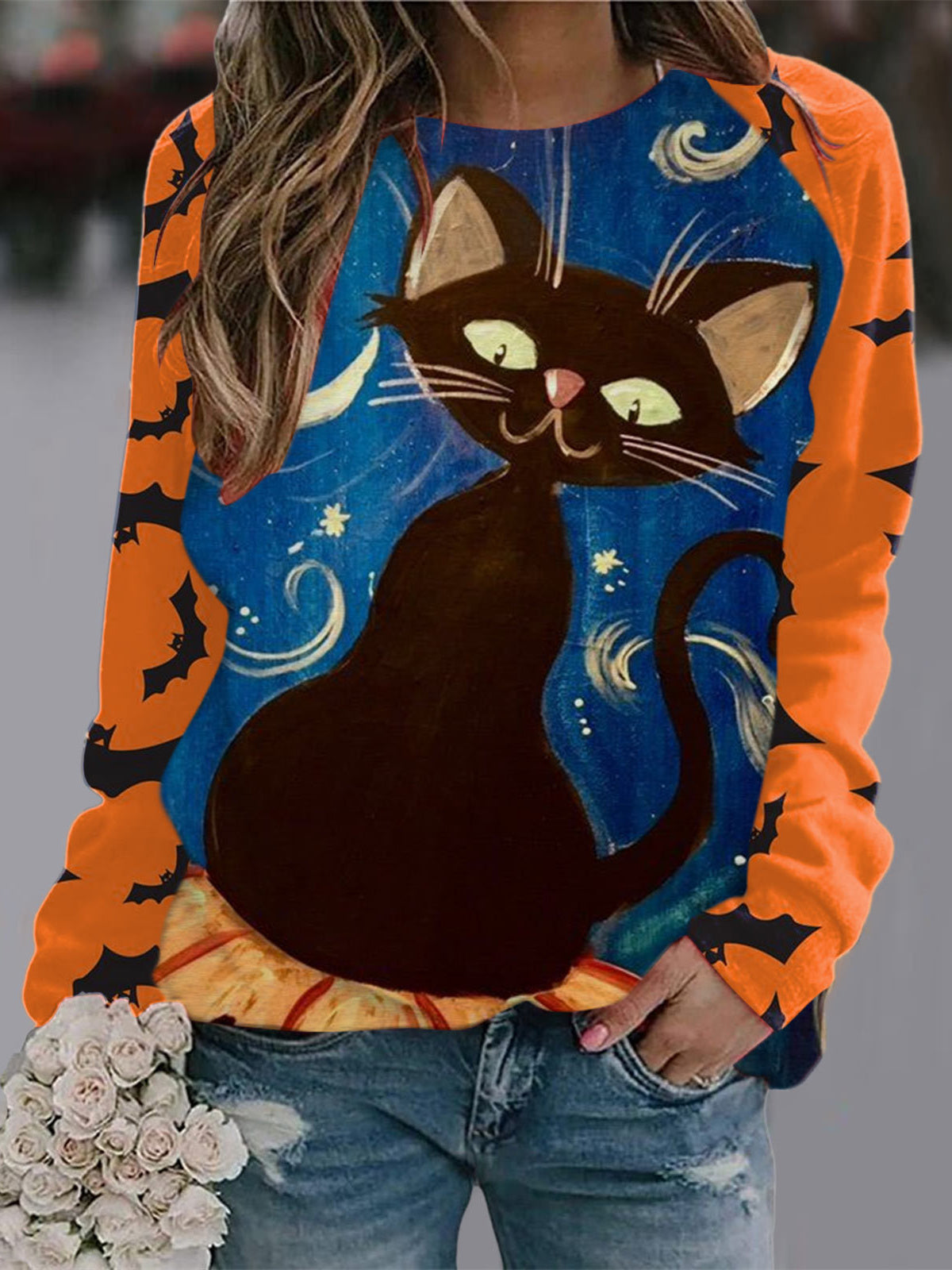 Women Long Sleeve V-neck Graphic Floral Printed Top