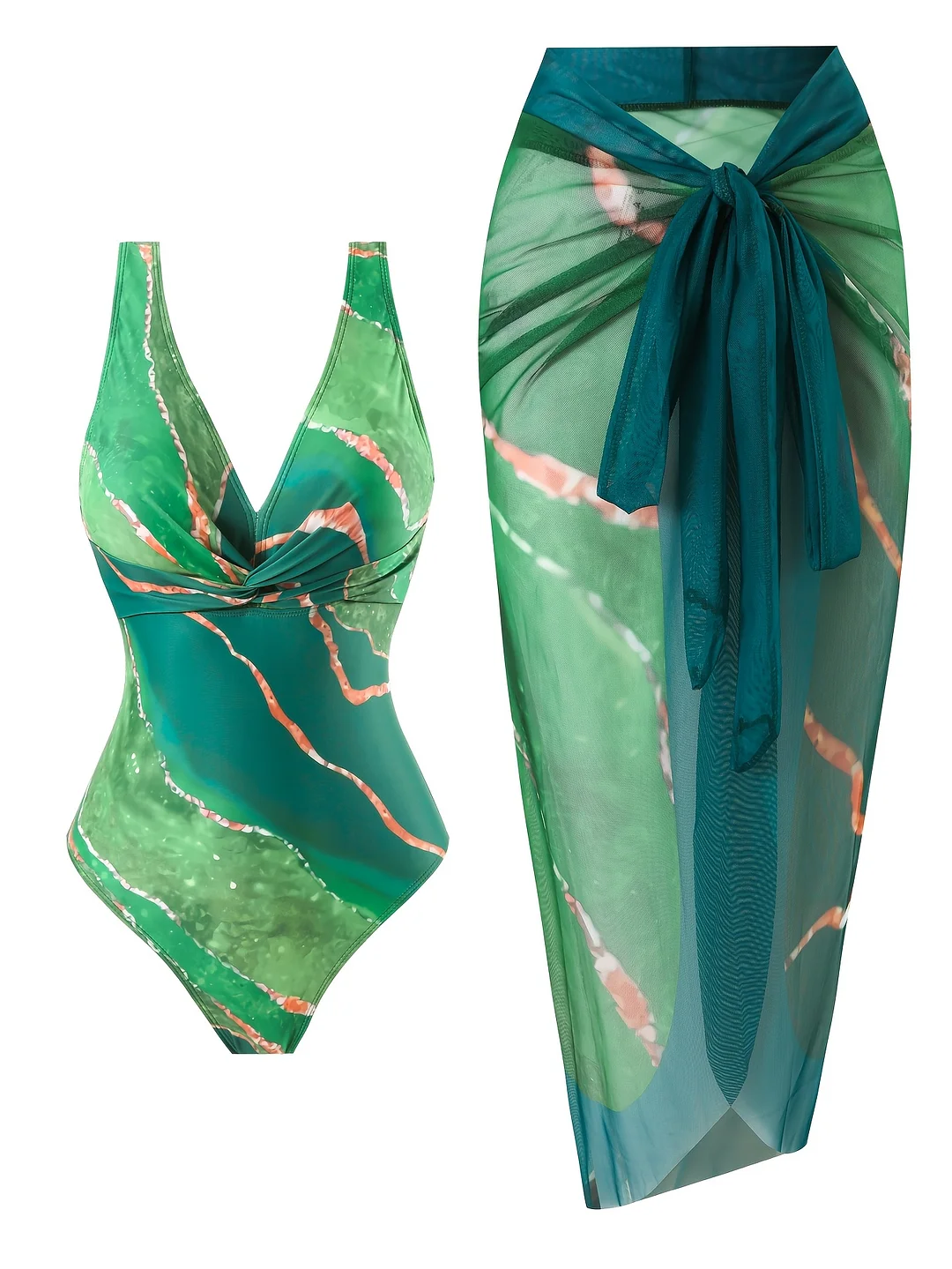 Green Marble Pattern Twist Cross Elegant Belly Cover Slim Fit One-Piece Swimsuit Plus Mesh Two-Piece Suit Women's Swimsuit Set | IFYHOME