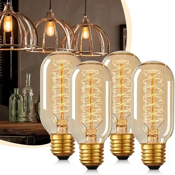 Vintage Edison Bulbs 40 Watt, Incandescent Light Bulbs, T45, 110-130 Volts, E26/E27 Base Dimmable Decorative Antique Filament Bulbs, Amber Glass, Warm White, 4 Pack 2700k Amber White 4 Count (Pack of 1)