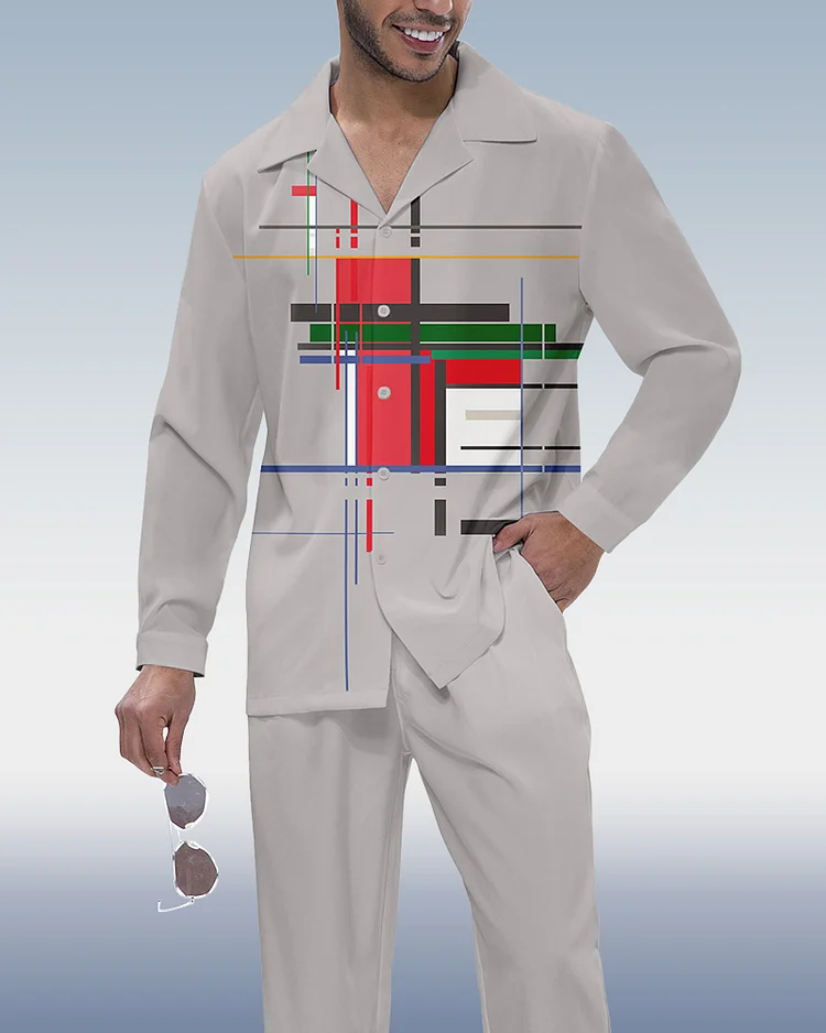 Suitmens Men's Colorblock Lineart Long Sleeve Shirt Walking Set 262
