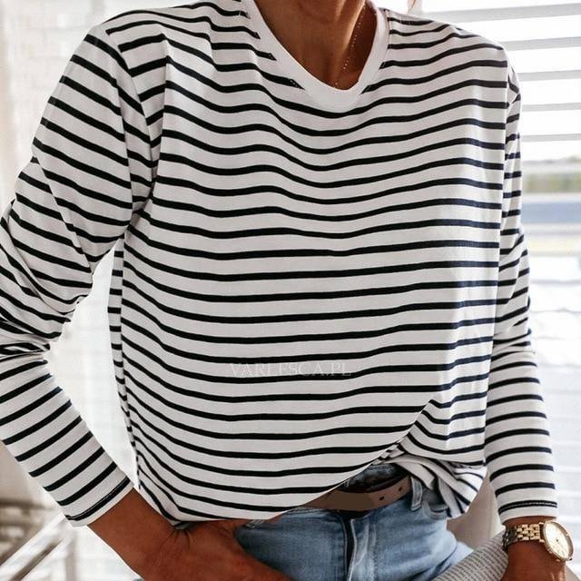 Women Black And White Stripes O Neck Casual Tops Long Sleeve Loose Pullover T-shirt Srping New Fashion Korea Shirt