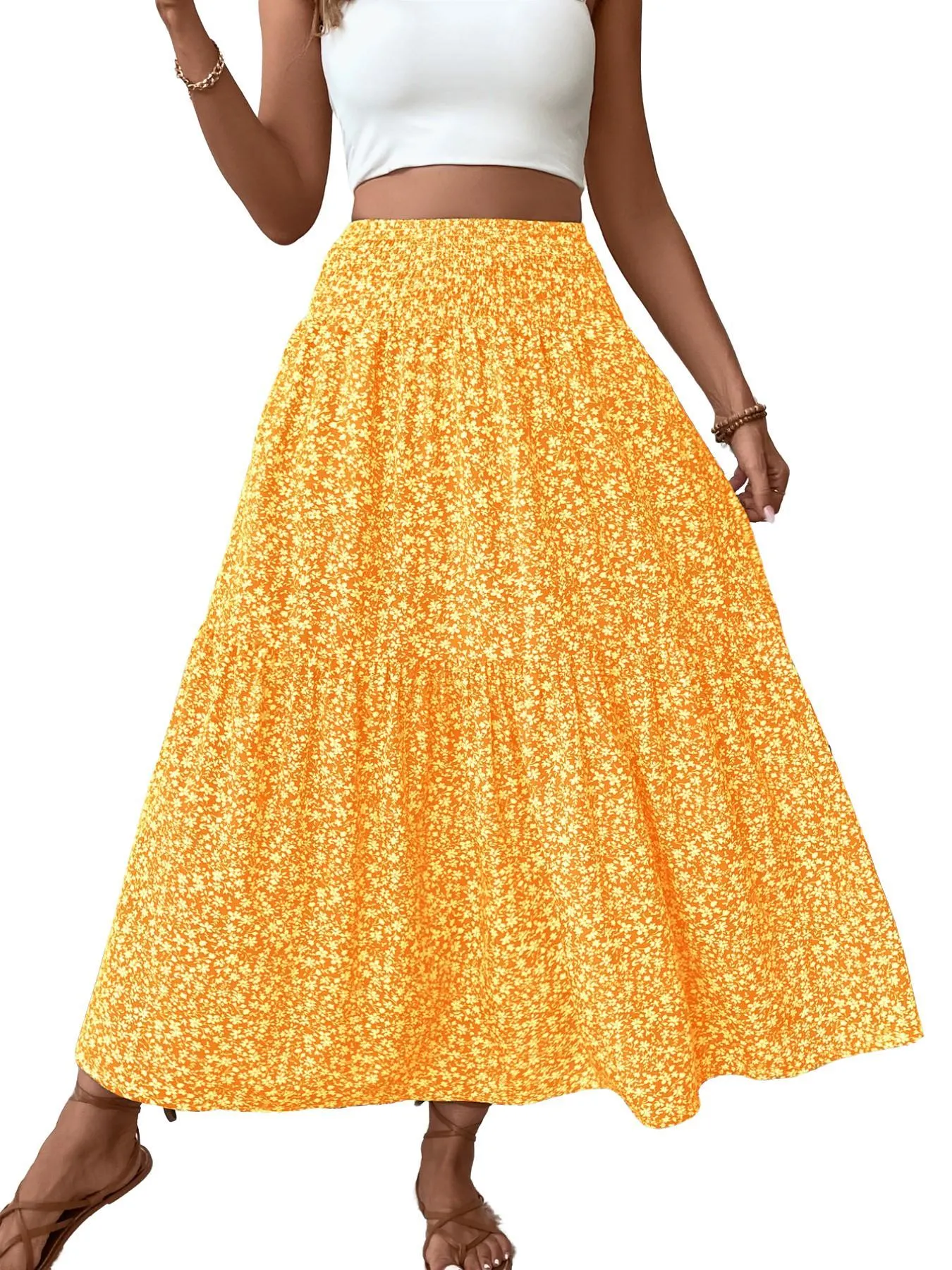 Women's Ditsy Floral Vintage Casual Vacation Layered A-Line Skirt, Elegant Long Skirt for Spring & Fall, All over Print Fitted Style