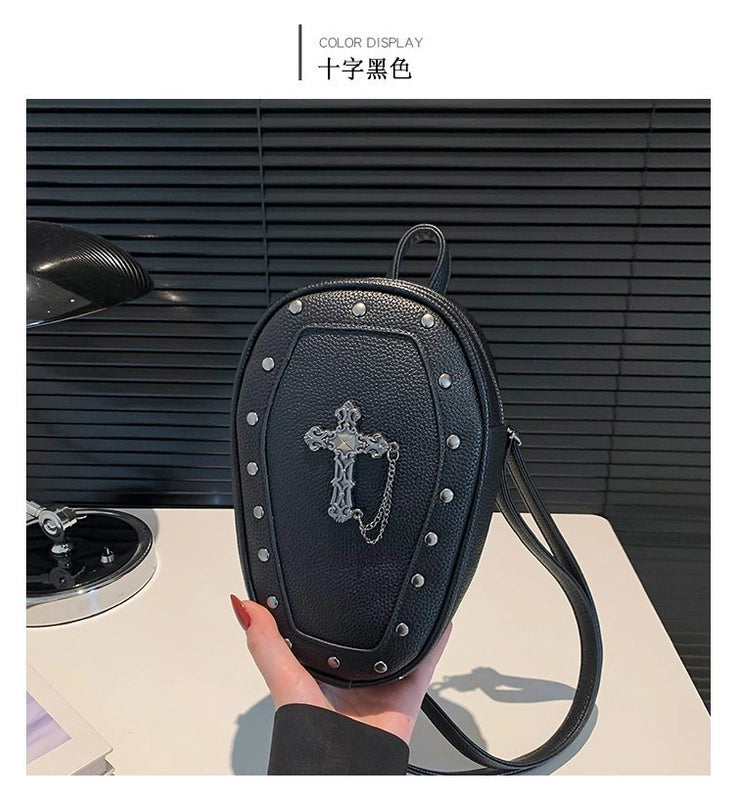 Halloween Women’s Medium Pu Leather Cross Skull Streetwear Oval Zipper Fashion Backpack