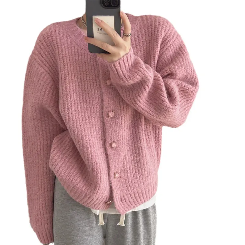Churchf Churchf Wind Korea Is Loose Sweater Coat 2024 Autumn Winter New Style Temperament Pure Color Stripe Adds Thick Knitting Cardigan Female