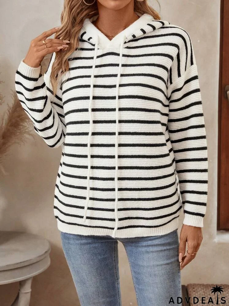 Women's Casual Stripe Pattern Drop Shoulder Loose Drawstring Hooded Sweater