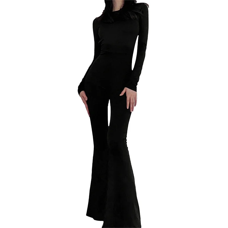 Uveng Uveng Winter Women's Temperament Long Sleeve Solid Color Fashion Back Micro La Jumpsuit