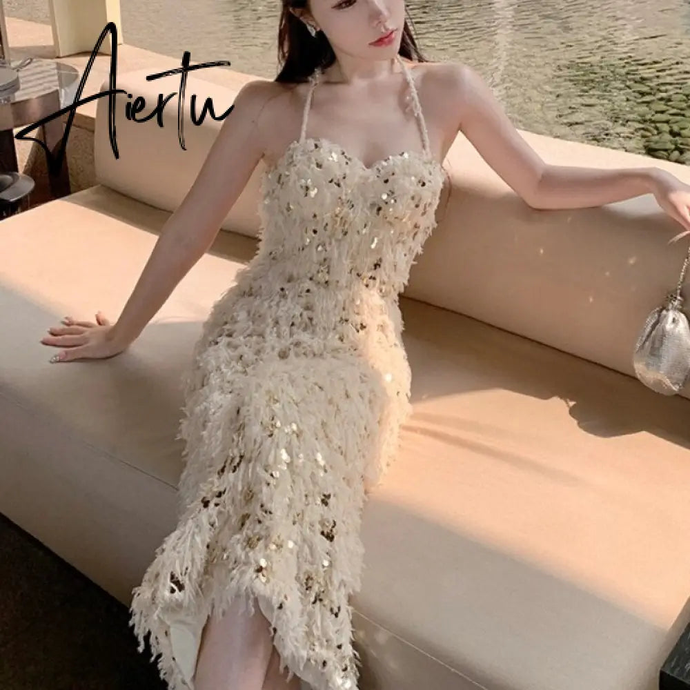 Women Sexy Bodycon Evening Party Dress Summer Fashion Backless Halter Midi Dresses Chic Sequins Vestidos Aiertu