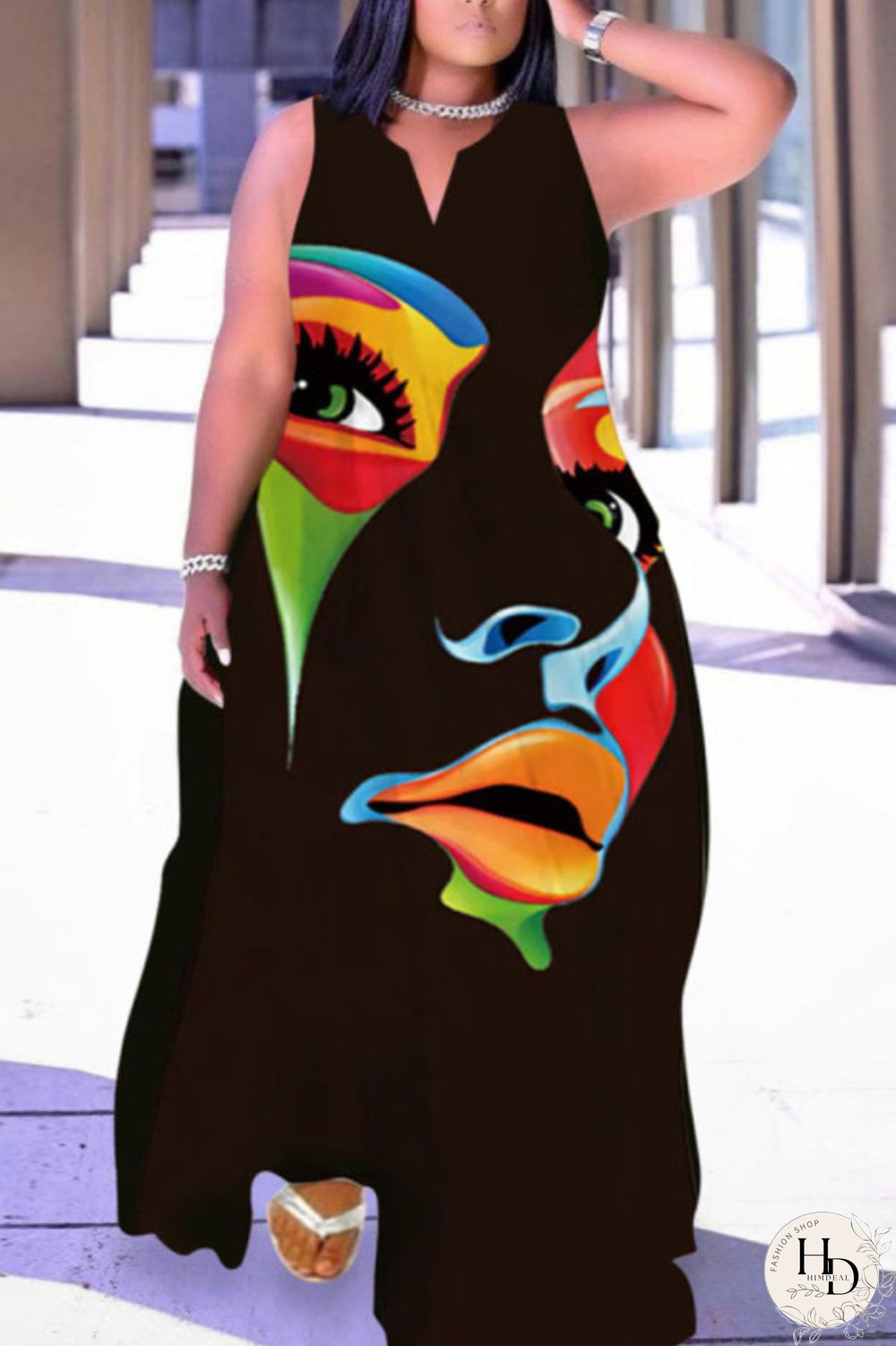 Colour Fashion Casual Plus Size Print Patchwork V Neck Sleeveless Dress