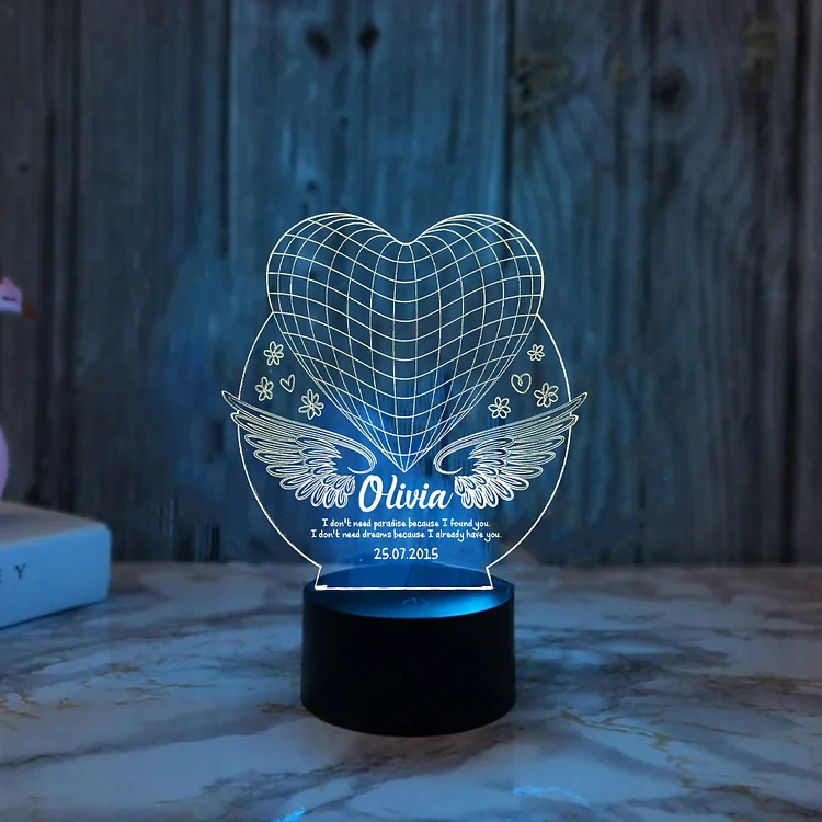 Personalized Heart Wing Night Light Custom Name 7 Colors LED Lamp for Couple