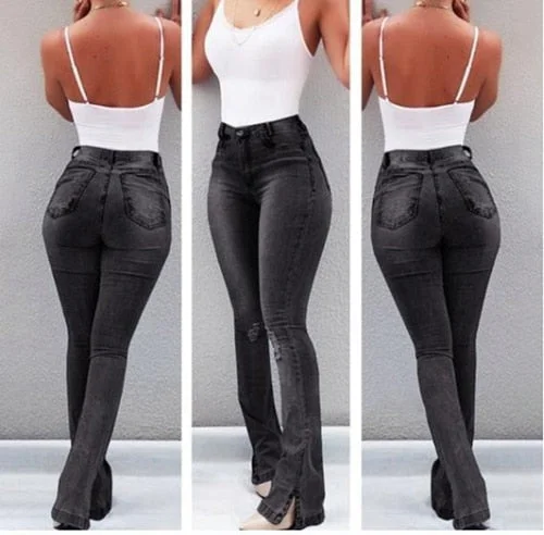 Graduation Gifts Women Ripped Flared Jeans High Waist Elegant Vintage Bell Bottom Skinny Denim Pants Ladies  Casual Wide Leg Jeans Trousers