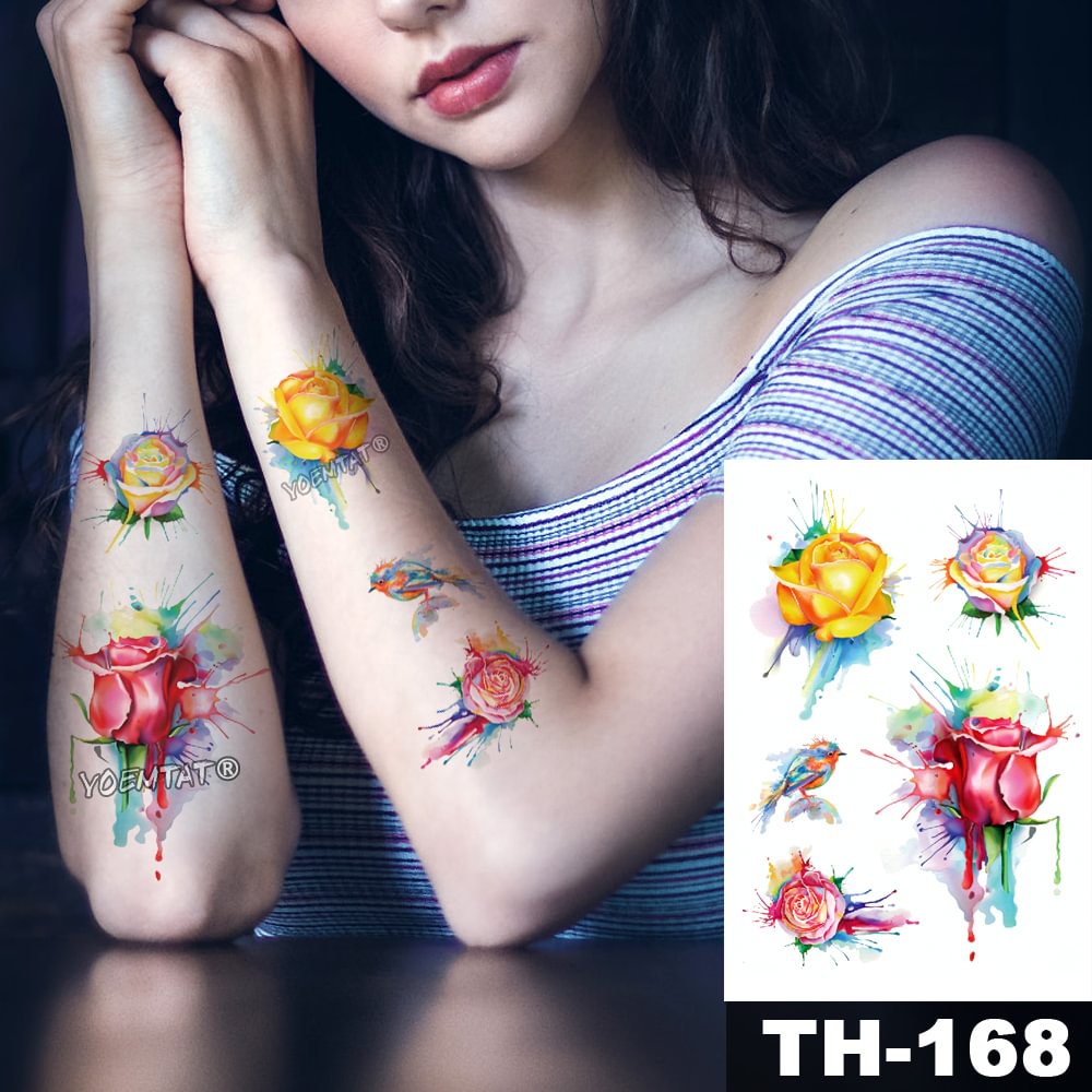 Gingf Temporary Tattoo Sticker 3D inkjet watercolor rose pattern Romantic Water Transfer body art flash fake tatoo
