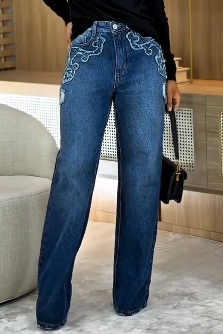 Women Wash Water Sticker Casual High Waisted Straight Leg Jeans