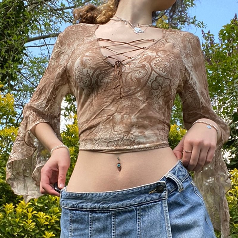 Autumn Spring Female Mesh T-shirt  Y2K Vintage Print Sexy Women Front Cross Tie Up V Neck Long Split Flare Sleeve Crop Tops Tees